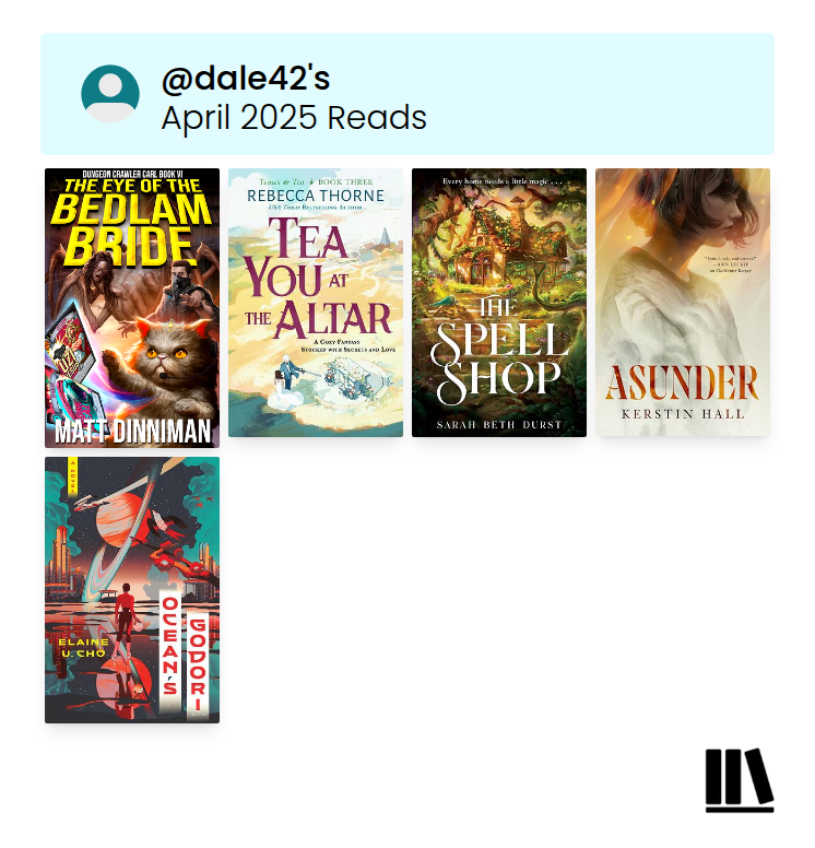 Book cover collage:
- The Eye of the Bedlam Bride
- Tea You at the Altar
- The Spell Shop
- Asunder
- Ocean's Gadori
