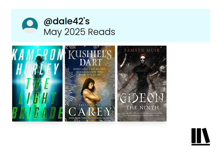 Book cover collage:
- The Light Brigade
- Kusheil's Dart
- Gideon the Ninth