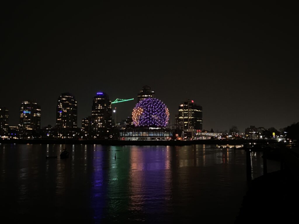 Science World at night from south False Creek Seawall