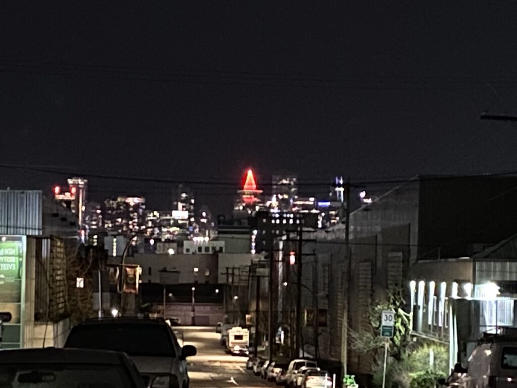 Harbour Centre with Christmas lights taken from Pandora street