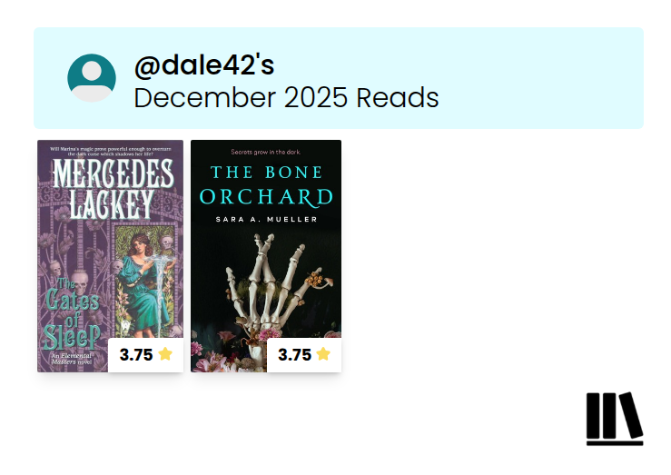 Book cover collage of December 2025 Reads: The Gates of Sleep by Mercedes Lackey; The Bone Orchard by Sara A. Mueller