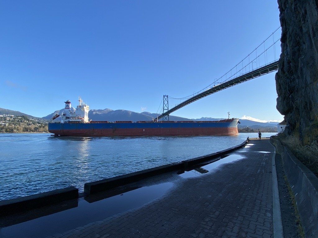 A cargo ship about to pass under the Lions Gate Bridge from the vantage point of Prospect Point on the Stanley Park Seawall.
