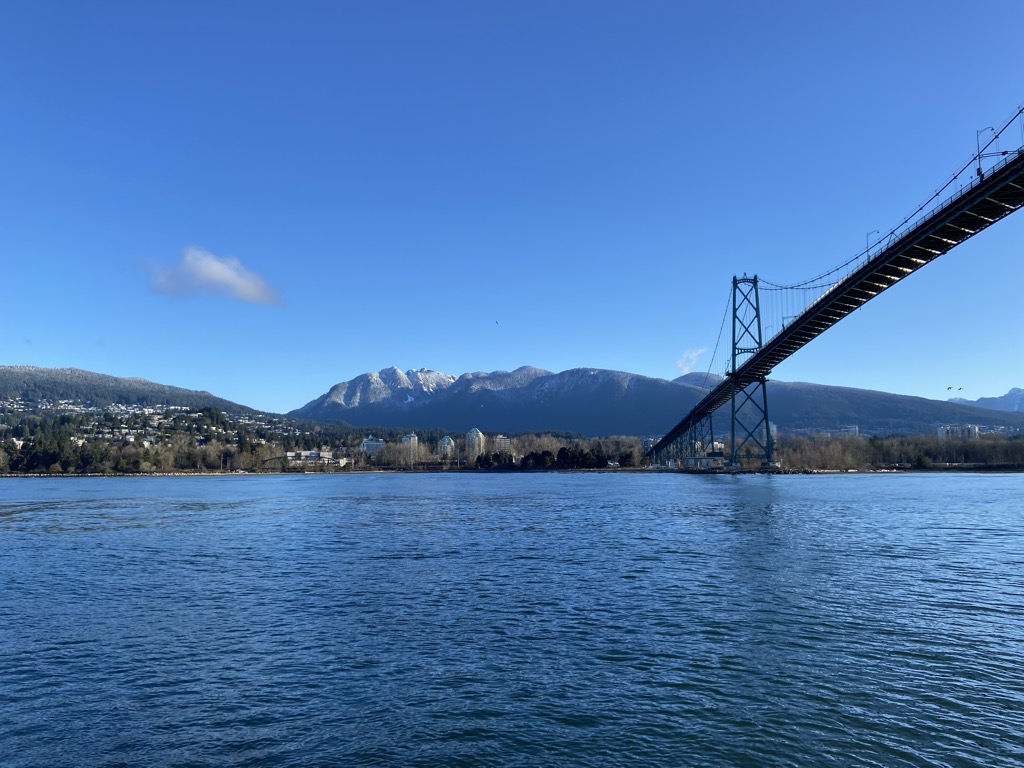 Looking across Burrard Inlet to North Vancouver from Prospect Point on the Stanley Park Seawall with the Lions Gate Bridge to the right.